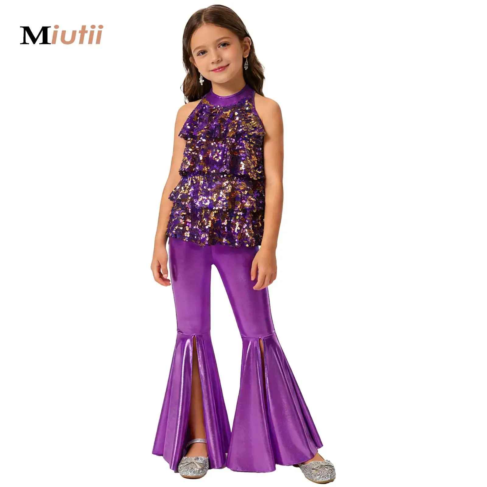 

Kids Girls Sequins Modern Jazz Latin Ballet Dance Outfits Costume Halter Stage Performance Ballet Dance Shorty Unitard Dress
