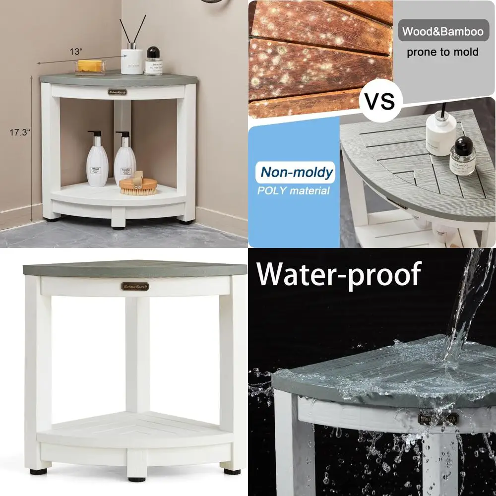 

Сверхмощный угловой табурет для душа с полкой, полистороннее сиденье для бритья, белый и серый, поддерживает до 500 фунтов