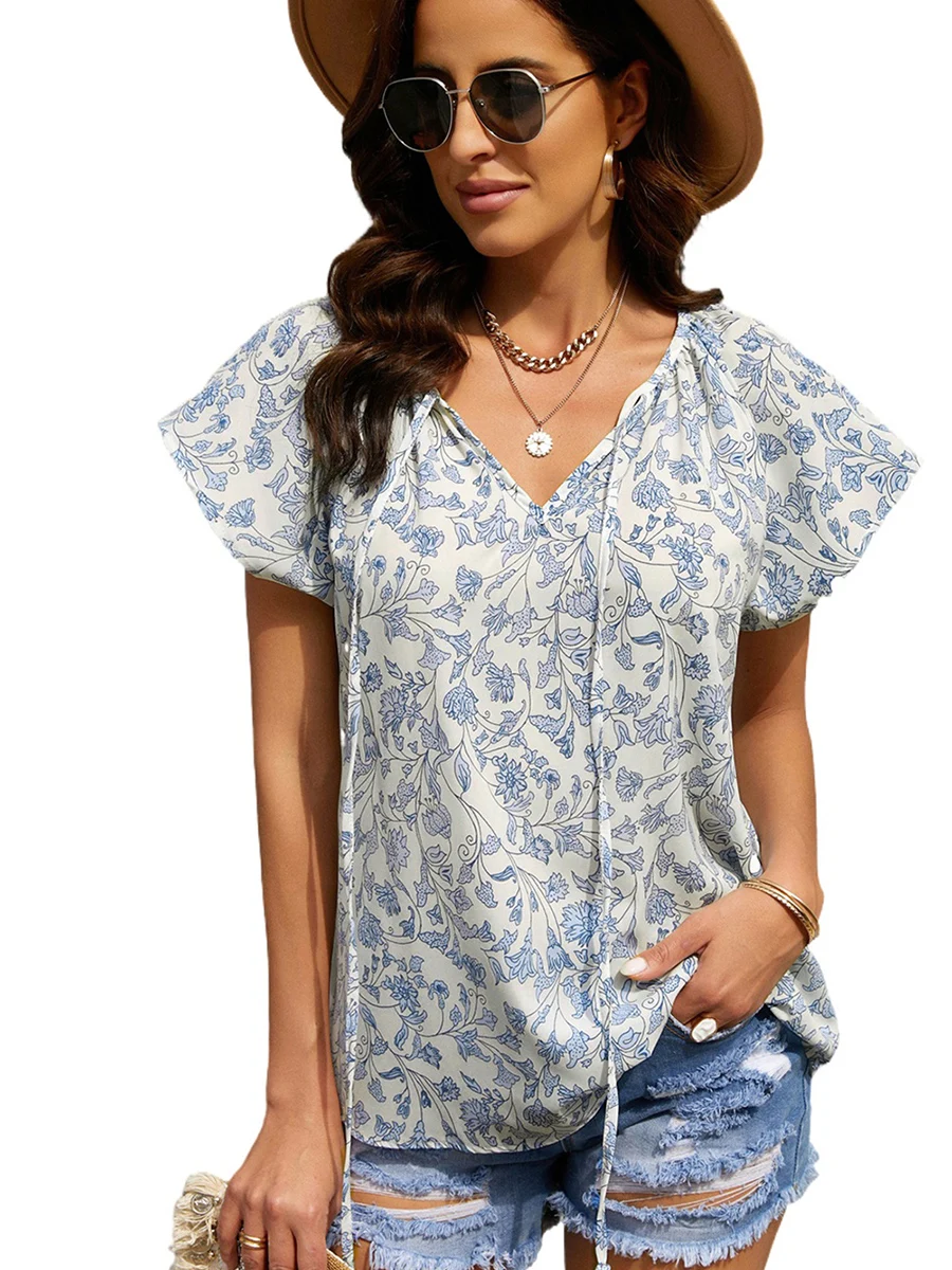 تي شيرت صيفي فضفاض غير رسمي فضفاض بدون أكمام ورقبة على شكل حرف v تي شيرت نسائي بتصميم أصلي من مزيج البوليستر والسباندكس بأكما...