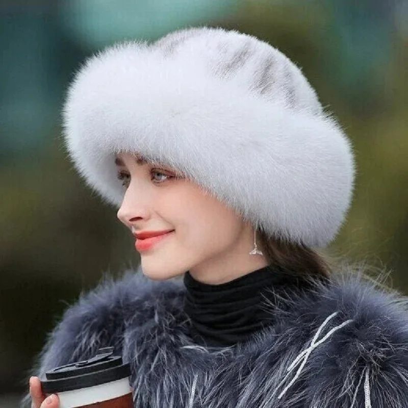 Women's Winter Faux Fur Cossak Russian Style Hat Furry Hat Trimmed Warm Comfy Hats for Women Winter Beanie Fluffy Russian Hat