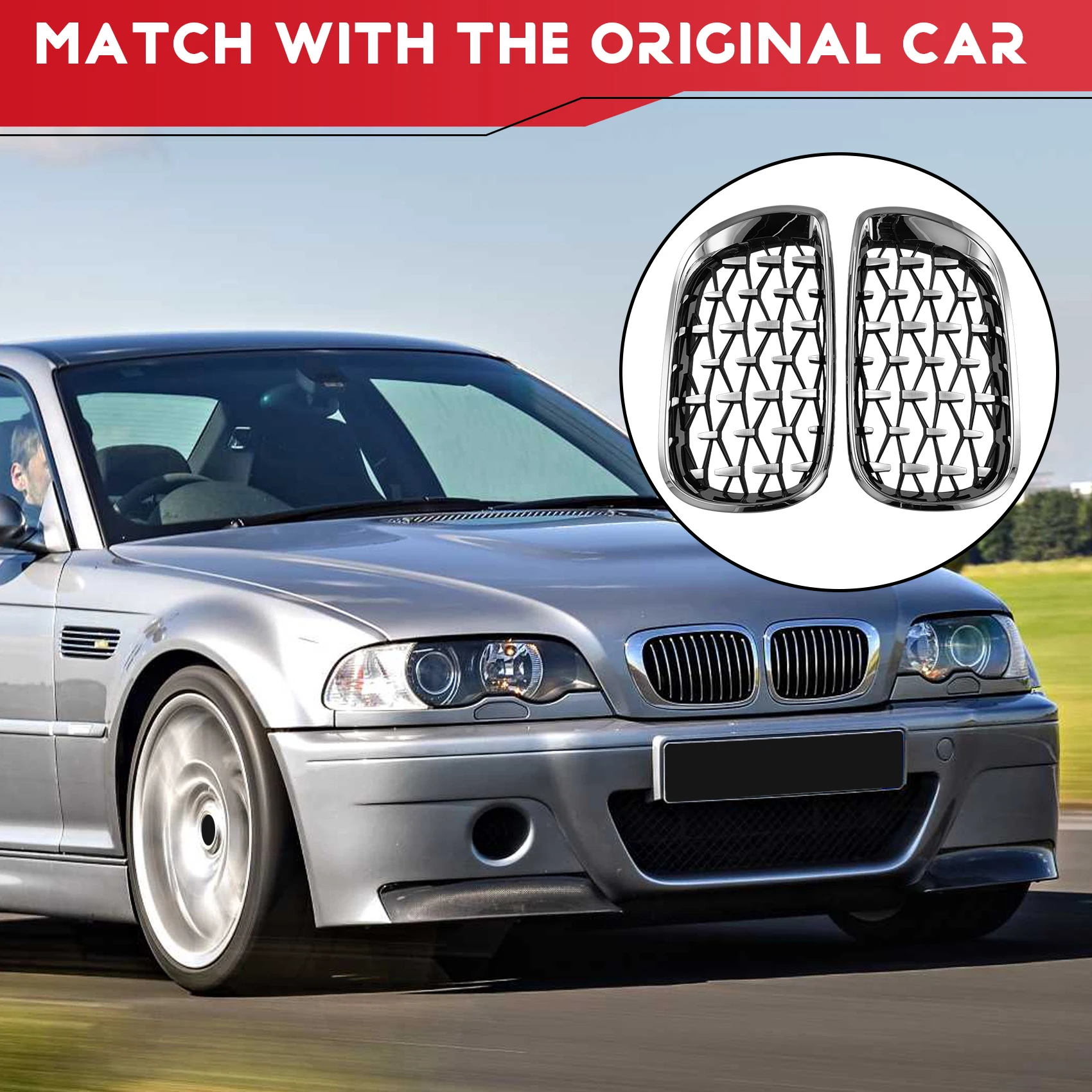 

NEW-Pair Chrome Diamond Front Grill Kidney Grille L+R For BMW E46 4-Door Sedan 2002-2005