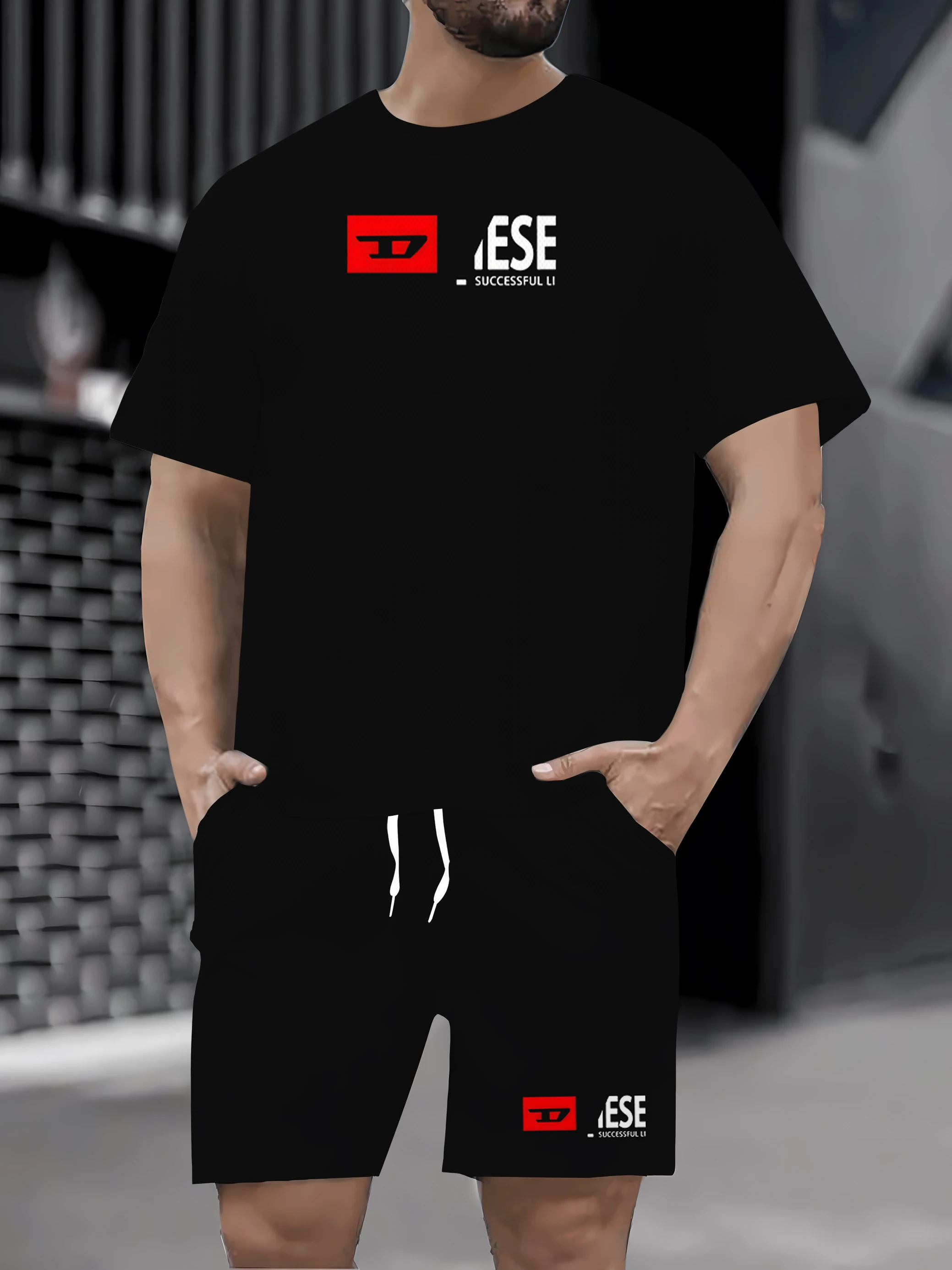 

Conjunto de camiseta e shorts de corrida masculino, 2 peças, gola redonda, elástico, esportes e lazer, fitness, moda, secagem rá