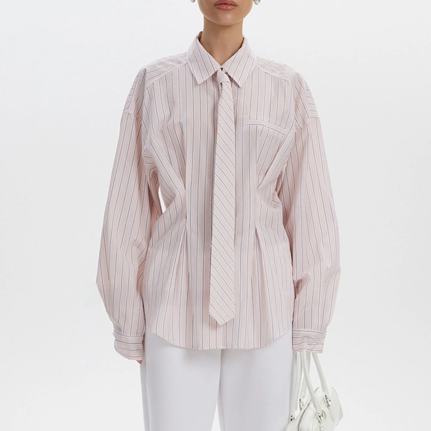 

Женская розовая полосатая рубашка с завязками на талии, длинными рукавами, модным отложным воротником, стандартной длины, из полиэстера, для повседневной носки