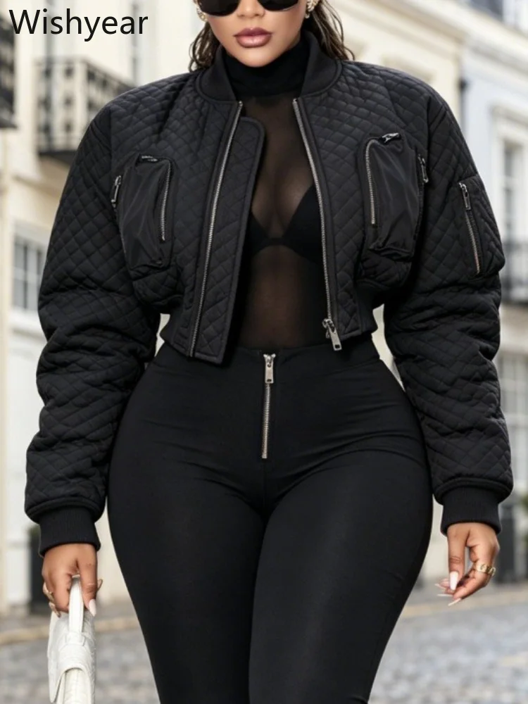 Ladies Pink Padded Crop Jacket Stand Collar Long Sleeve Bomber Coat With Pocket Detail Coat Tops Casual Daily Winter Outerwear
