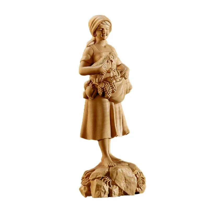 20CM Beauty Boxwood Sculpture Girl Full Load Living Room Decoration Solid Wood Statue Home Decor