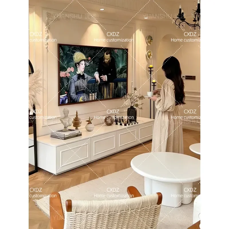 Modern French Style TV Cabinet and Coffee Table Set for Living Room Cream Color Finish with Hidden Socket Simple Floor