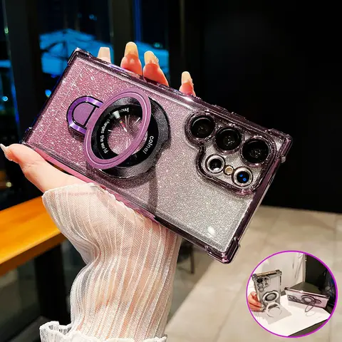 삼성 갤럭시 S20 FE S21 참고 10 플러스 20 울트라 렌즈 보호 커버에 대한 Magsafe 마그네틱 스탠드 전화 케이스에 대한 반짝이 도금
