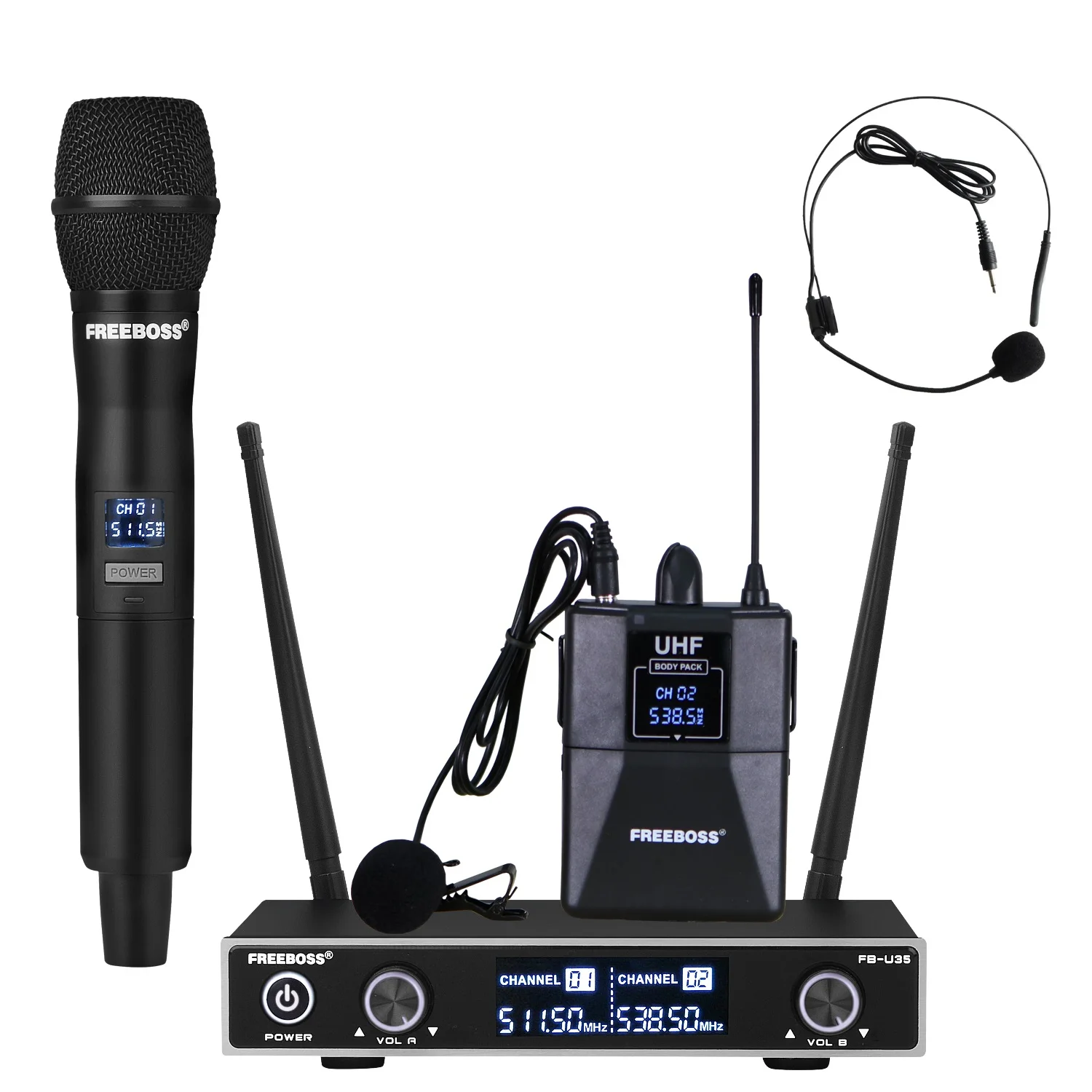 

FREEBOSS Bodypack Wireless Microphone Handheld Lavalier UHF 30M Individual Volume Control Mic for Karaoke Speaker Party FB-U35H