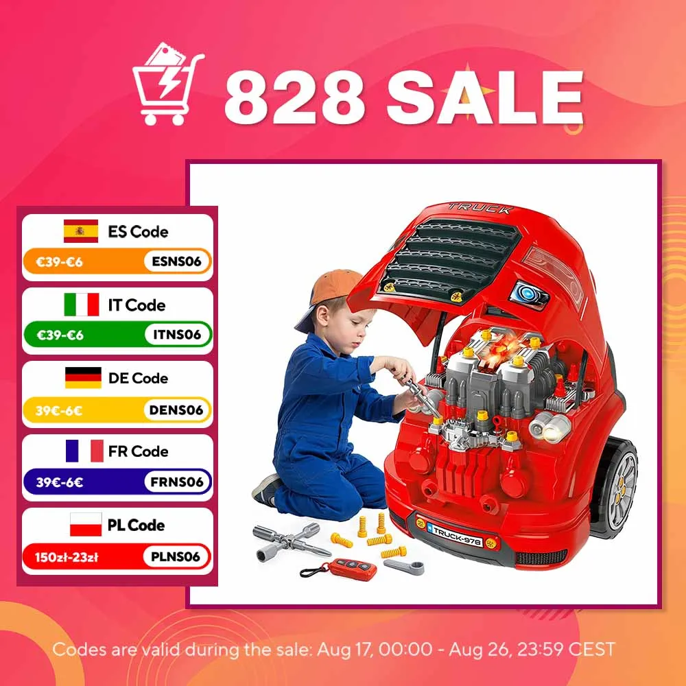 Image of Homcom LKW-Motor für Kinder ab 3 Jahren, Spielzeug-Motorsatz mit 61 Teilen, Lenkrad, Hupe, Scheinwerfer, Aufbewahrungsbox und Rädern, 40x39x47 cm, Rot