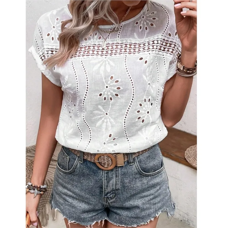 

2025 Women's White Blouses Spring Summer New Fashion Hollow Embroidered O Neck Lace Short-sleeved Shirt Tops For Women Clothing