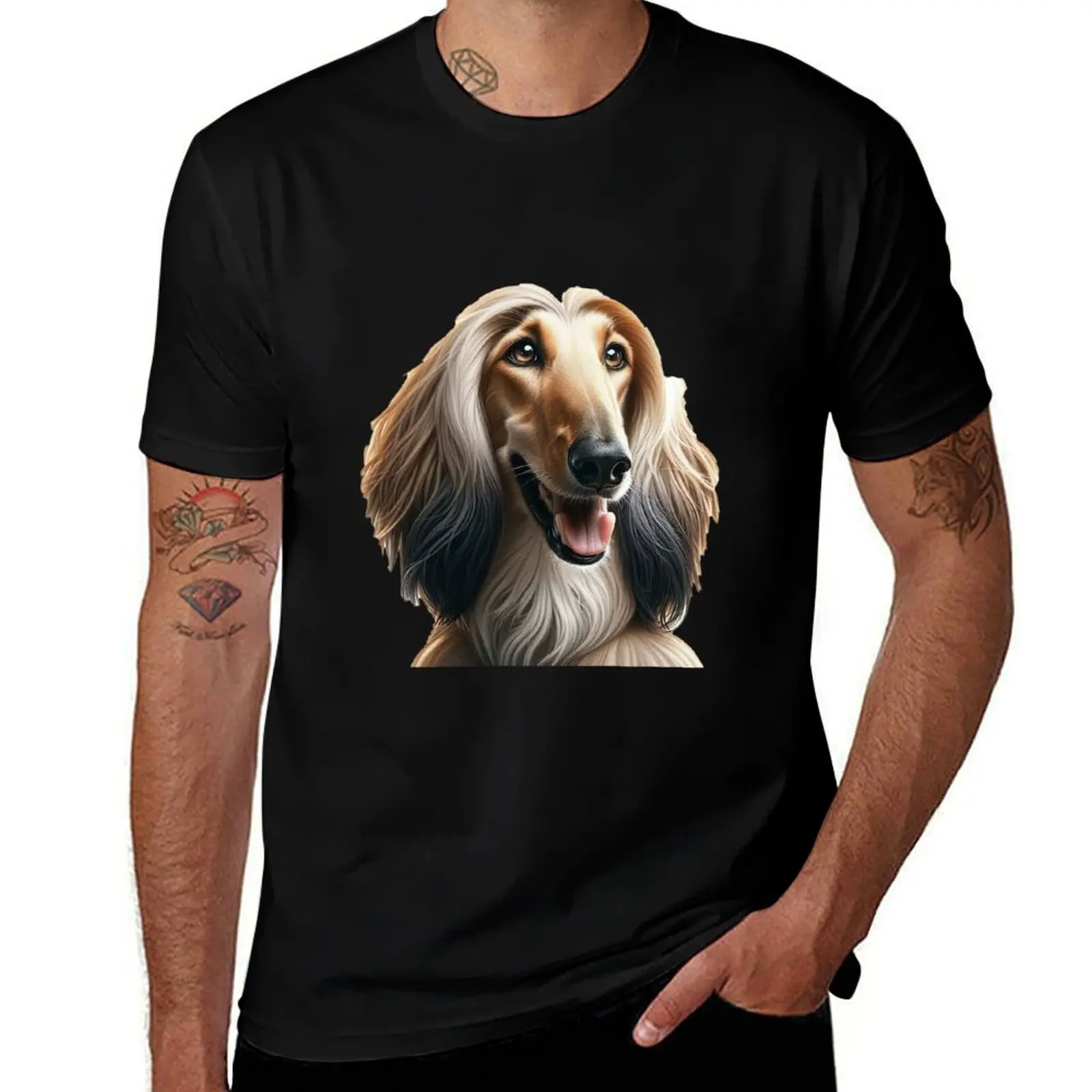 Majestic Afghan Hound Art Print - Elegant Long-Haired Sighthound Dog Breed Portrait T-Shirt Relaxed Casual Short Sleeve Tee
