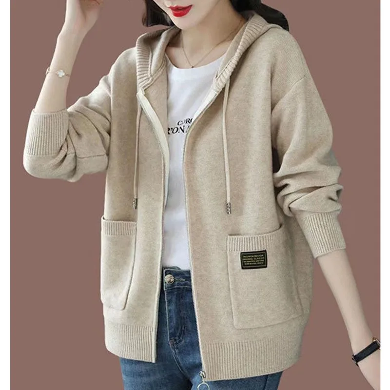 Hooded Zip Up Knit Cardigan Long Sleeve Loose With Pockets Casual Drawstring Knitted Sweater Coat Ladies Daily Outerwear Tops