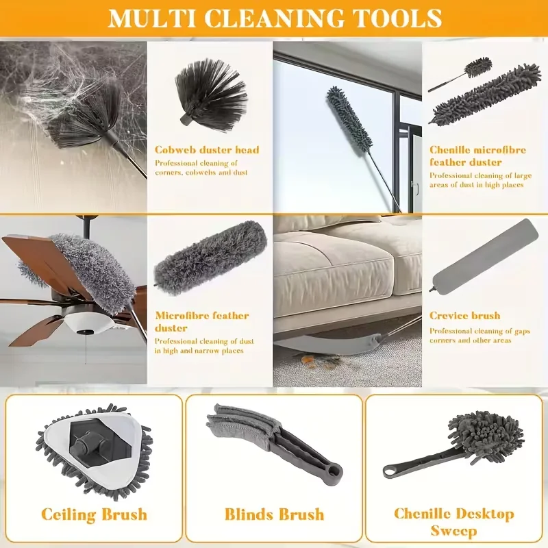 9pcs-Telescopic Dust Remover Can Be Extended to 280 Centimeters, Telescopic Cleaner, Dust Remover, Washable, Spider Web Remover