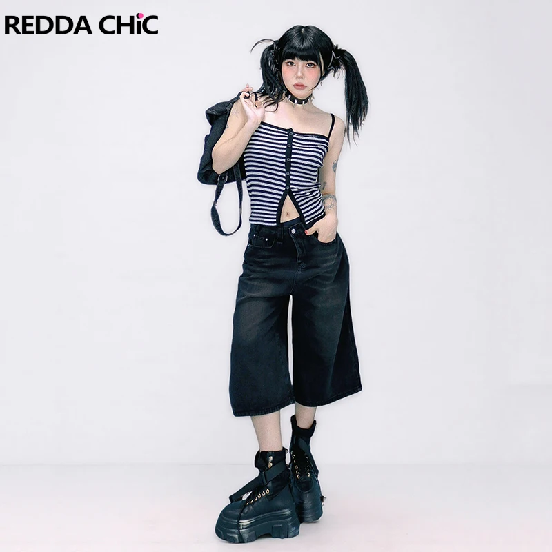 

REDDACHiC альтернативные женские джинсовые брюки-бермуды в стиле панк, большие размеры, усы, широкие повседневные однотонные черные джинсовые шорты, уличная одежда в стиле ретро в стиле гранж