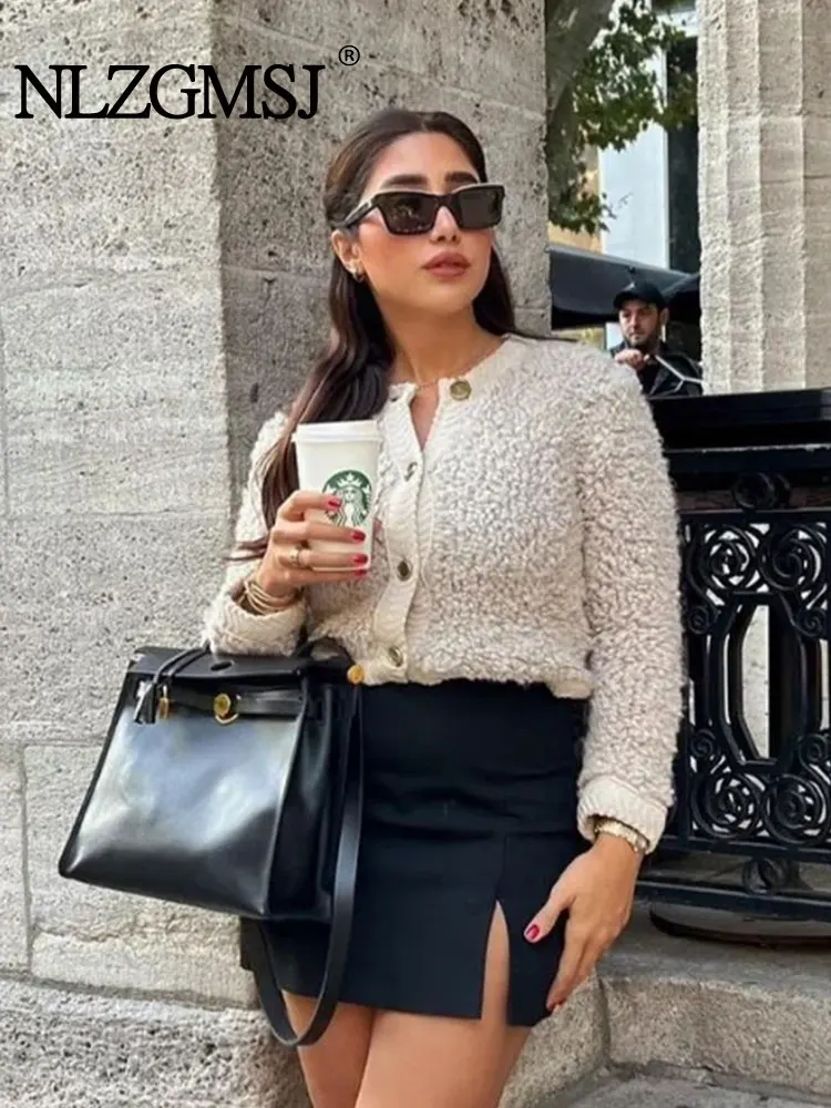 TRAF-suéter de punto de hilo de rizo para mujer, cárdigan, abrigos de una sola botonadura, Vintage, cuello redondo, Tops informales delgados, otoño