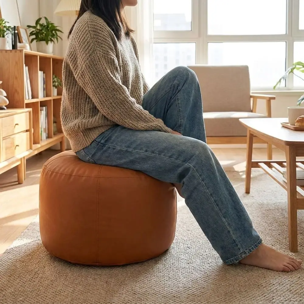 Space Saving PU Leather Seat Cushion Cover Large Capacity Minimalist Leg Bench Cover Waterproof Round Storage Bag Entryway