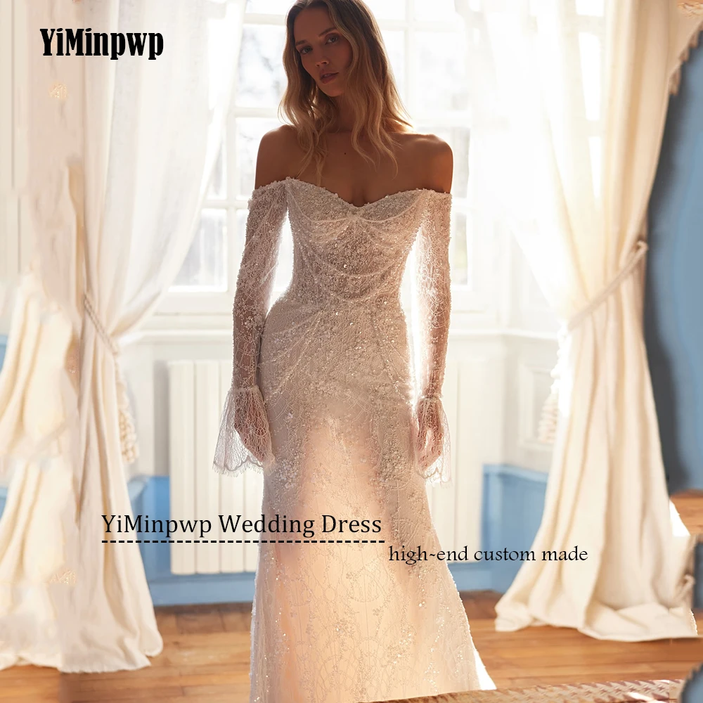 Luxuriöses Meerjungfrau-Hochzeitskleid mit Spitze und Perlen für Frauen, schulterfrei, langärmelig, trägerlos, Tüll, Hochzeit, Brautkleid, individuell gestaltet