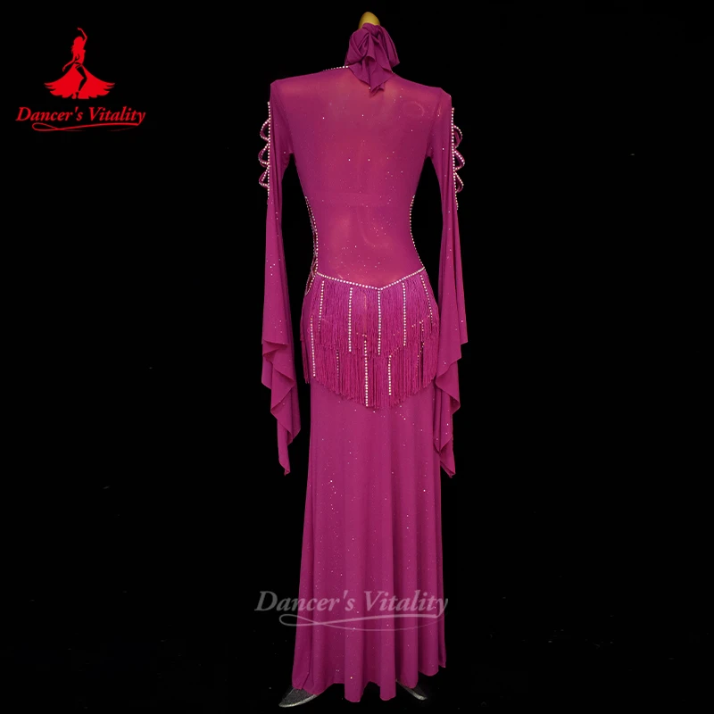 Roupões de desempenho de dança do ventre para mulheres sexy franja robe + sênior ab pedras sutiã + lenço 3 pçs adulto shaabi balady saidy outfit