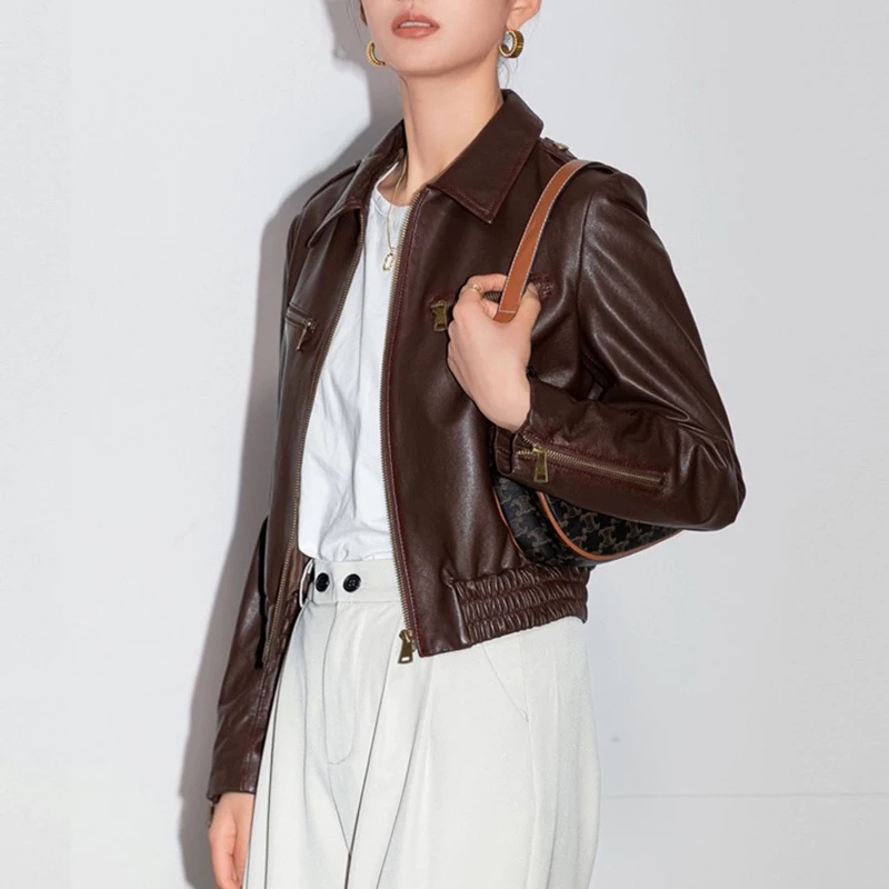 Veste en cuir véritable marron décontracté pour femmes, manteaux rétro en détresse, fermeture éclair, taille élastique, niveau A, vestes courtes en peau de mouton