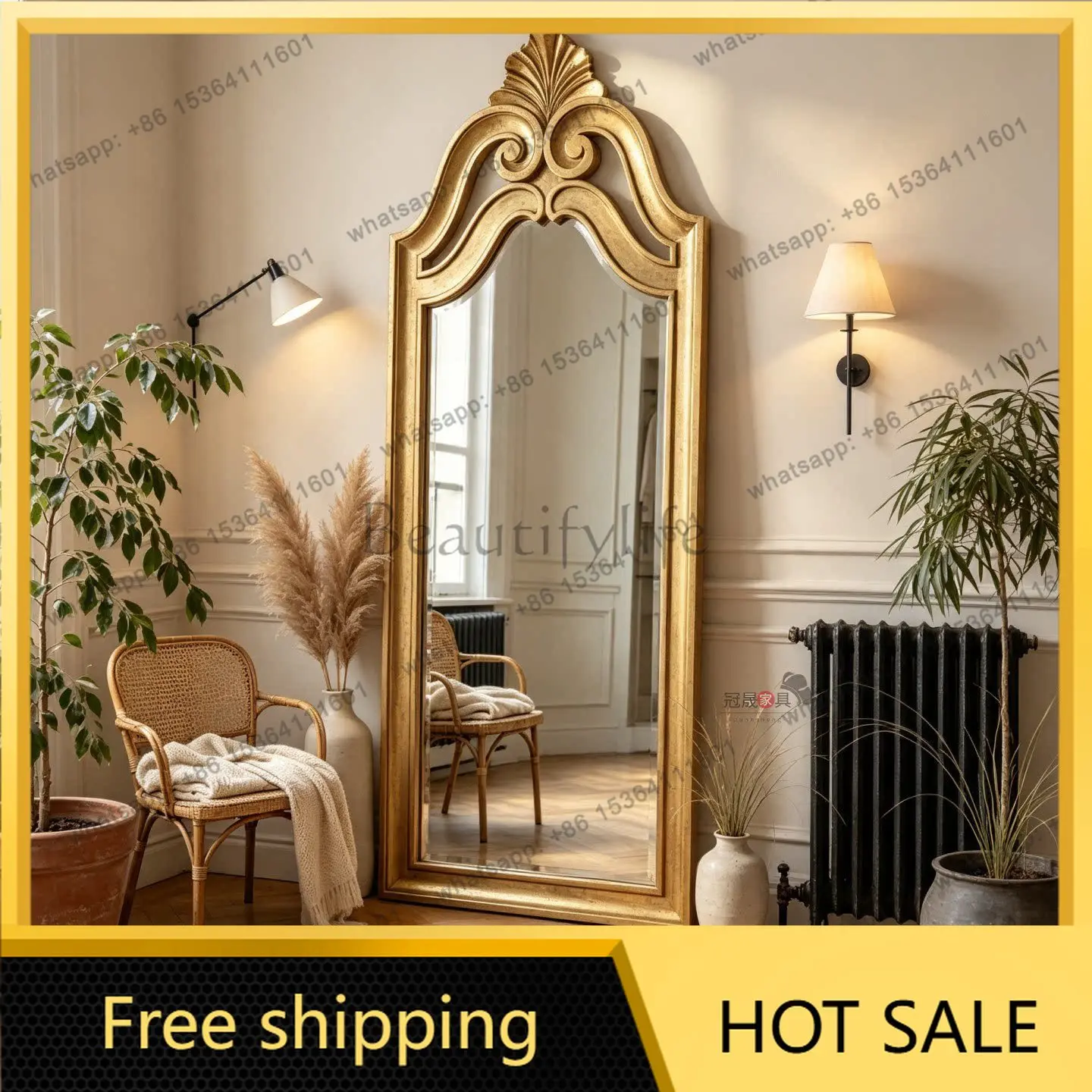 European retro French carved living room floor-to-ceiling full-length mirror cloakroom wall-mounted luxury fitting mirror