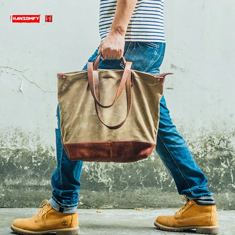 Retro Canvas With Genuine Leather Men's Bag Large Capacity Handbags Hipster Tote Shoulder Bag Street Fashion Tote Bags