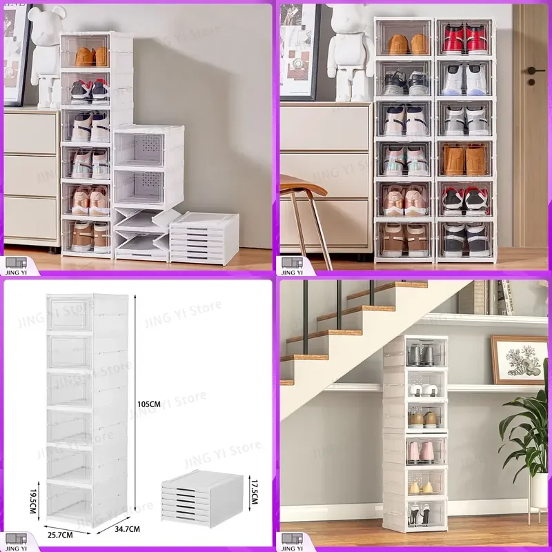 6 Tier White Shoe Storage Cabinet with Clear Doors Stackable Dustproof Footwear Organizer for Home Office Closet Space Saving