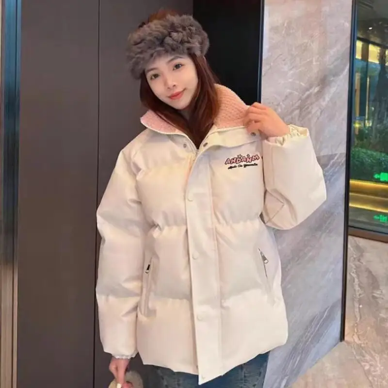 

Girl's Student Splice Cotton-Padded Jacket Thicken Printing Pu Leather Korean Style Winter Women's Letter Cotton Puffer Jacket
