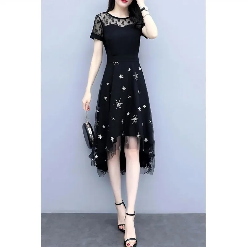 Summer Robe Short Sleeve New Women's Clothing Round Neck Fashion Style Large Size Elegant Female Clothing Loose Slim Lace Dresse