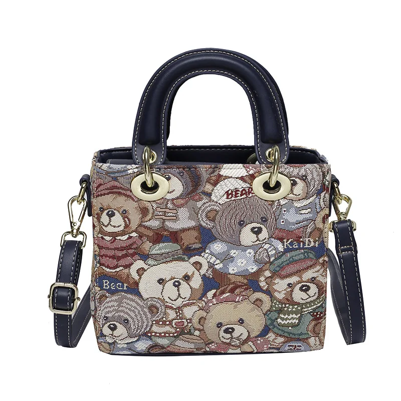 Bolso de mano cuadrado informal para mujer, bolso de hombro de oso de lona de cuero PU, bolso cruzado para niña, Mini bolso de mensajero femenino de diseñador