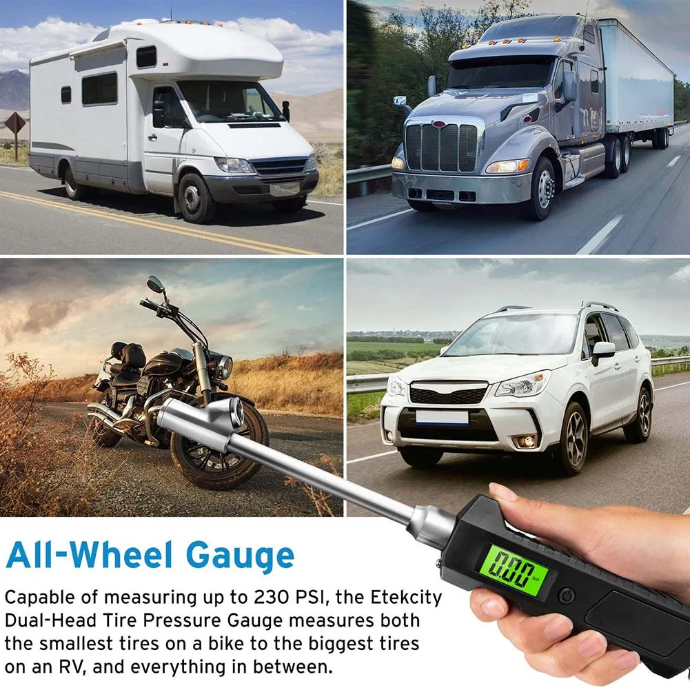 Digital Tire Pressure Gauge 230 PSI Dual Head Stainless Steel For Truck Car LCD Flashlight Vehicle Tester