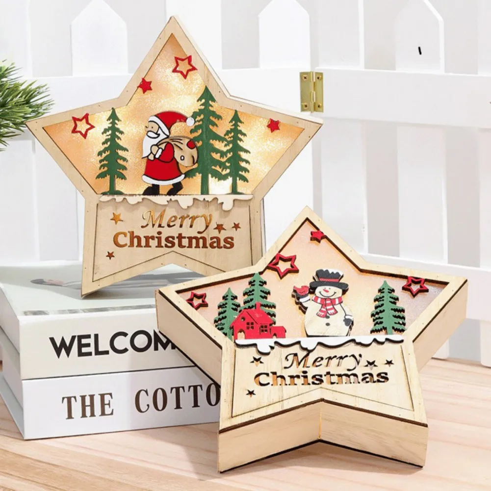 Merry Christmas Wooden Star LED Ornament Night Light Bedside Table Lamp Ornaments Christmas Decoration For Home Kids Gift *