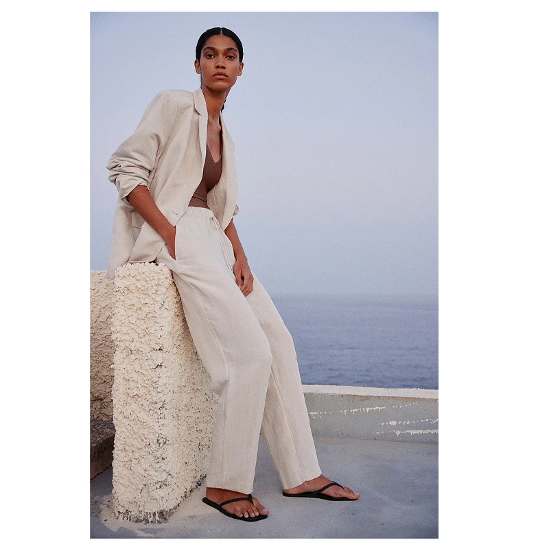 Fengbaoyu High-end 100% Pure Linen Women's Long Pants with Drawstrings and Laces - Cool and Comfortable in Summer