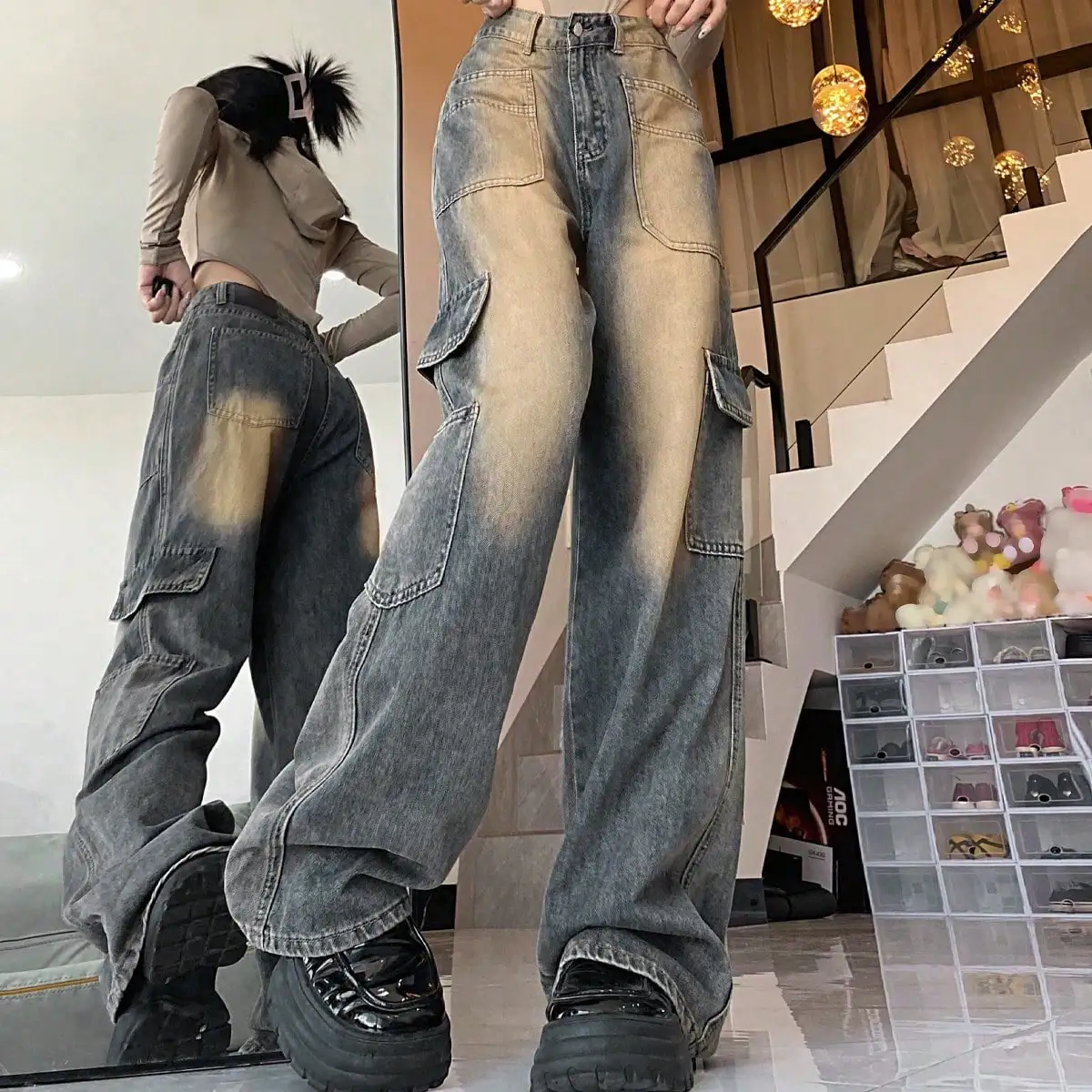 Korean Chic Autum American Retro Distressed Denim Cargo Pants for Small People, Loose, Slim and Tall Floor-Length Pants for Women