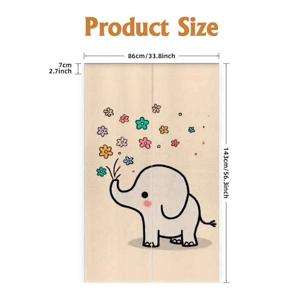 Elephant Noren Curtain – Cute Elephant Blowing Flowers, Beige Background, for Entryway or Room Decor