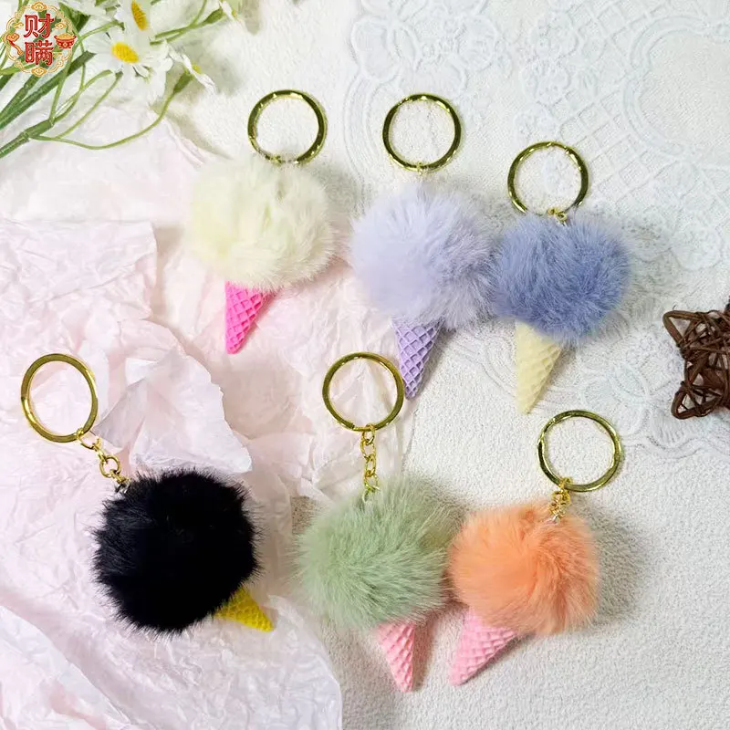 popsicle keychain Mini Ice Cream Key Ring With Tassel Student Fluffy Pom Pom Velvet Plush Keychain For Girls Bag Decoration Gift