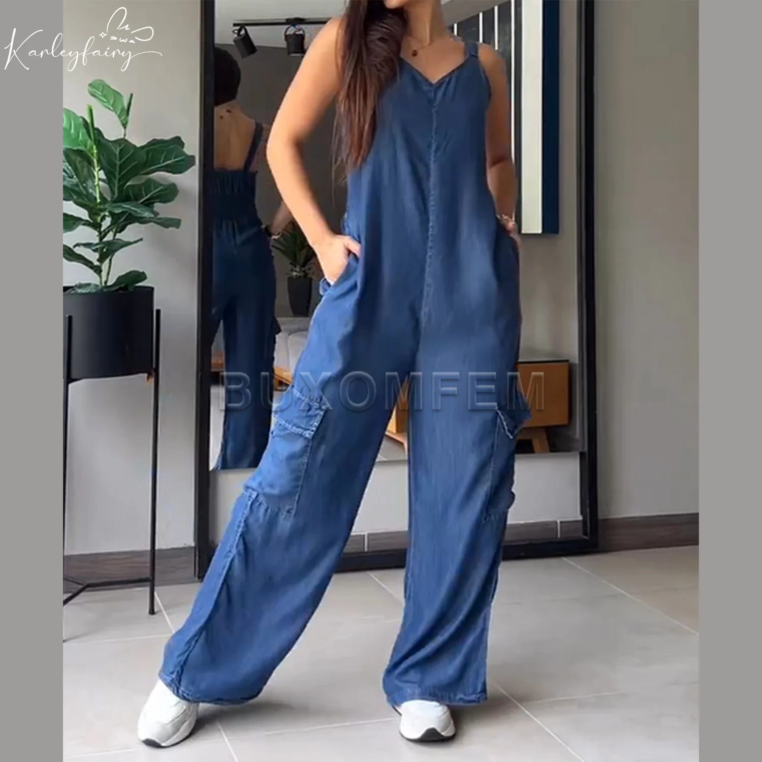 Stylish Colorful Pocket V-neck Jumpsuit 2025 New Casual Retro Outfit Trousers Women's Soild Wide Leg Loose Baggy Jeans Bottoms