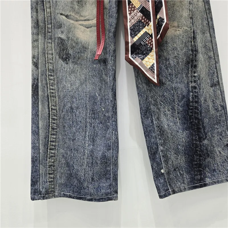 WTHT 트렌디 여성용 올드 타이다이 디자인 스트레이트 진 2025 가을 패션 하이웨이스트 벨트 데님 팬츠 여성 1LS2316