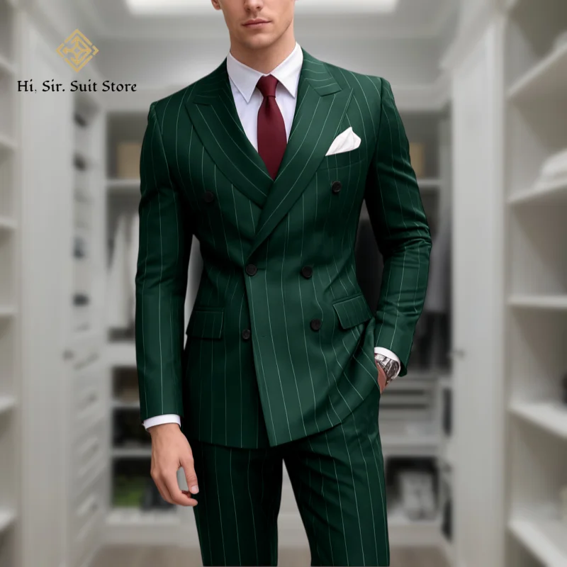 

Men's 2-Piece Suit Plus Size Blazer European & American Fashion Striped Double-Breasted Suit Custom-Made Small Batch Blue Jacket