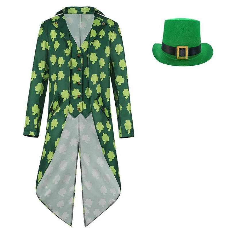 

Весна/осень 202, ирландский вечерний смокинг с четырьмя листьями клевера для мужчин со шляпой, фрак с ирландским праздником на Хэллоуин, костюм Ireland
