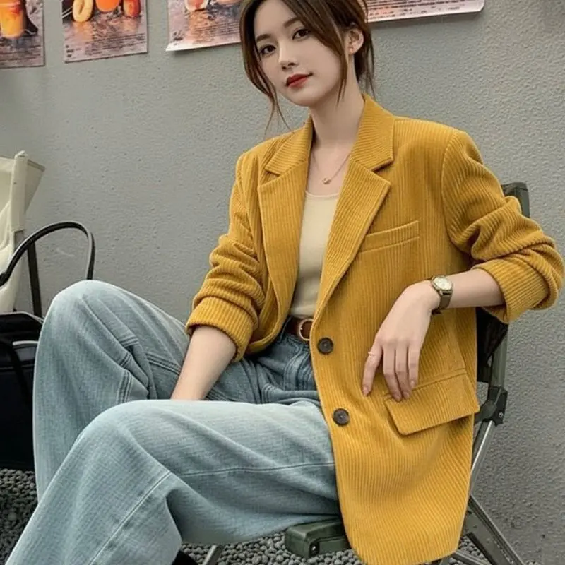 Mustard Yellow Corduroy Blazer Women Casual Single Breasted Loose Fit Long Sleeve Office Lady Style Jacket Spring Autumn