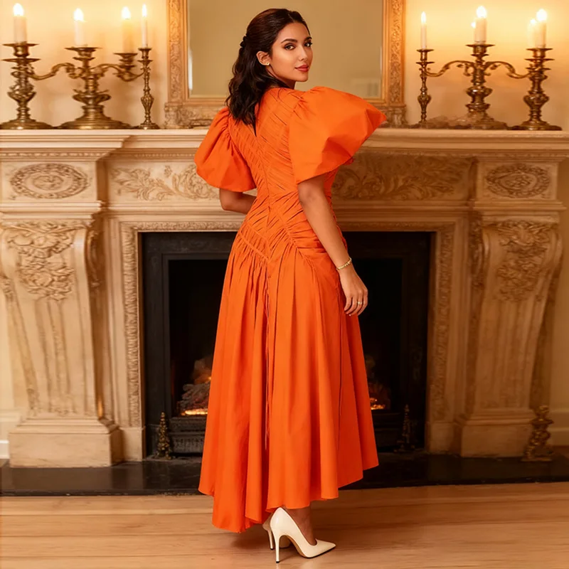 2026 Frühling/Sommer Neuer Stil Puffärmel Gerüschte Taille Elegantes Rundhals-Kleid für Damen – Detail 6