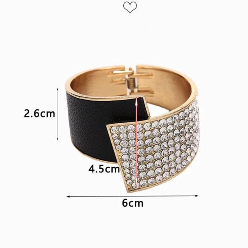 KMVEXO Punk Full Crystal Rhinestone Wide Open Cuff Bangles for Women Fashion Statement Vintage Leather Bracelets Steampunk Men