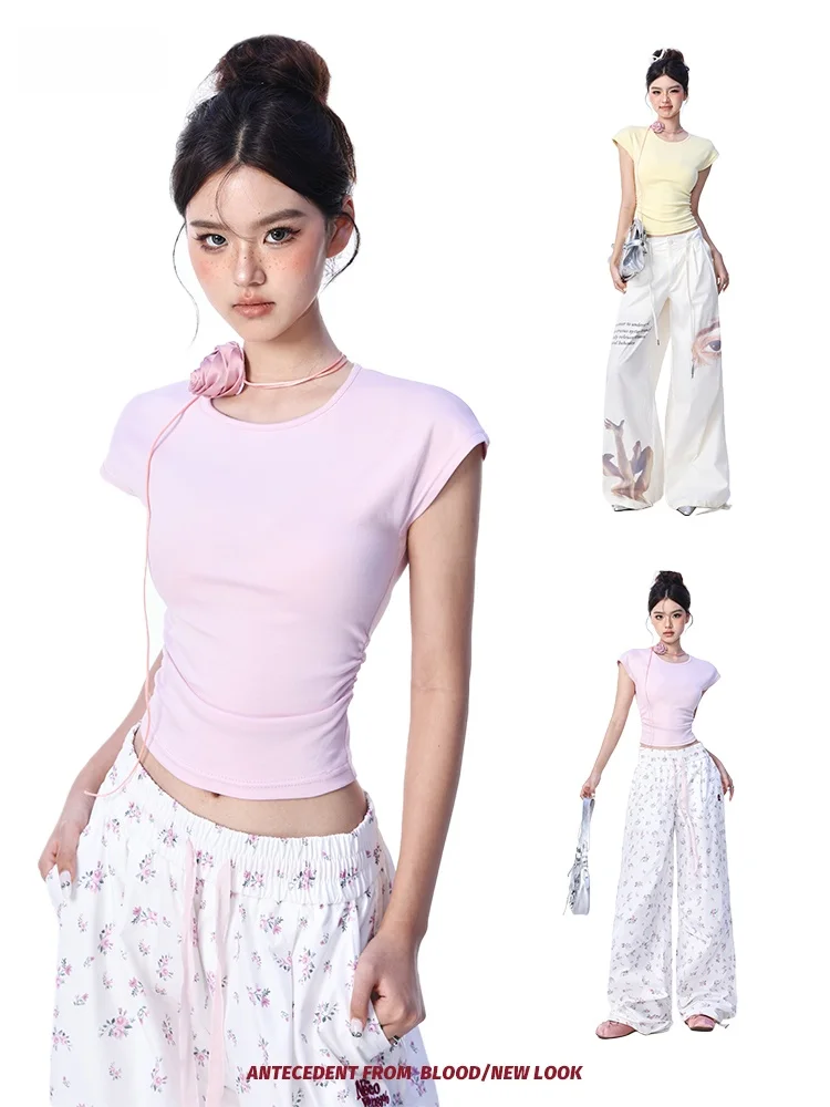High Waist Short Sleeve T-Shirt Women's Slim Fit High Waist Folded Waist Loss Visible Shoulder Summer Simple Basic Belly Top