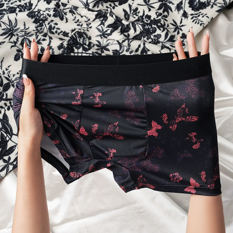 3 Pieces Men's Ice Silk Underwear, Summer Cool Feeling Comfortable Butterfly Printed Simple Boxer Briefs for Men