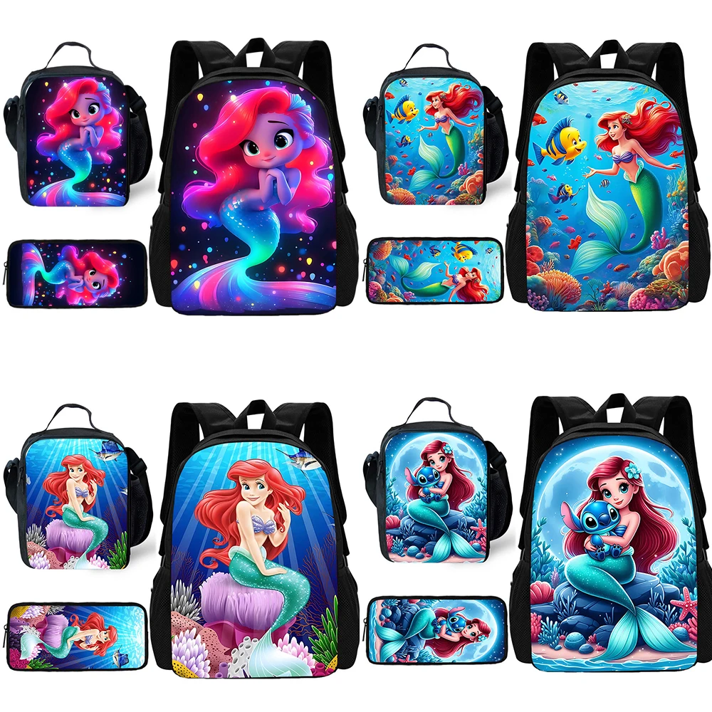 Conjunto de 3 piezas de la princesa Ariel para niños y niñas, mochila escolar con bolsa de almuerzo, bolsas de lápices, el mejor regalo