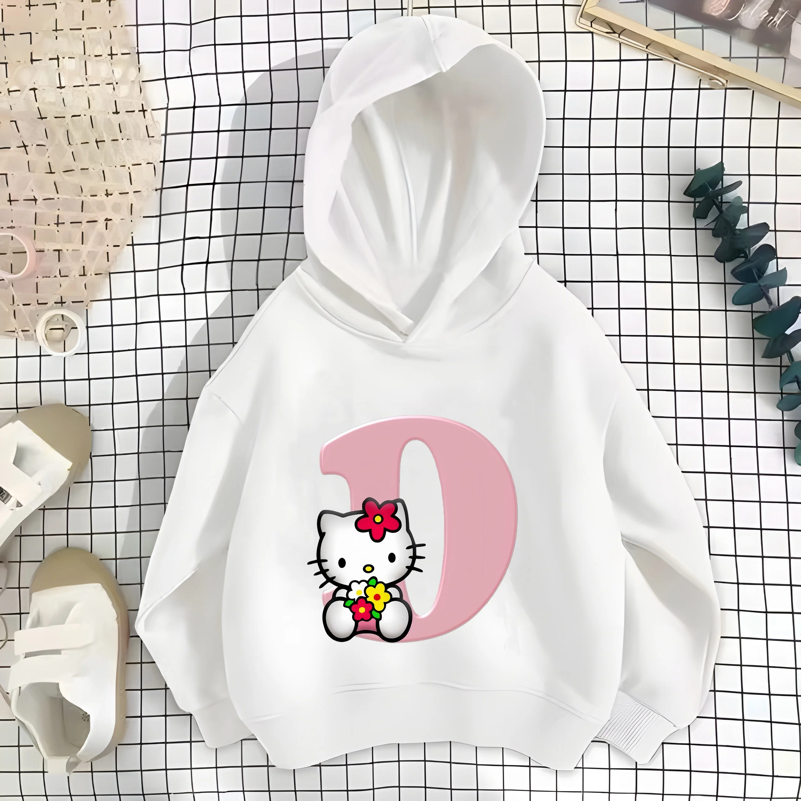 Hello Kitty Children Hoodies Pink Letter A B C D Sweatshirts Girls Clothes Kawaii Pullover Anime Cartoons Boy Kids Casual Tops