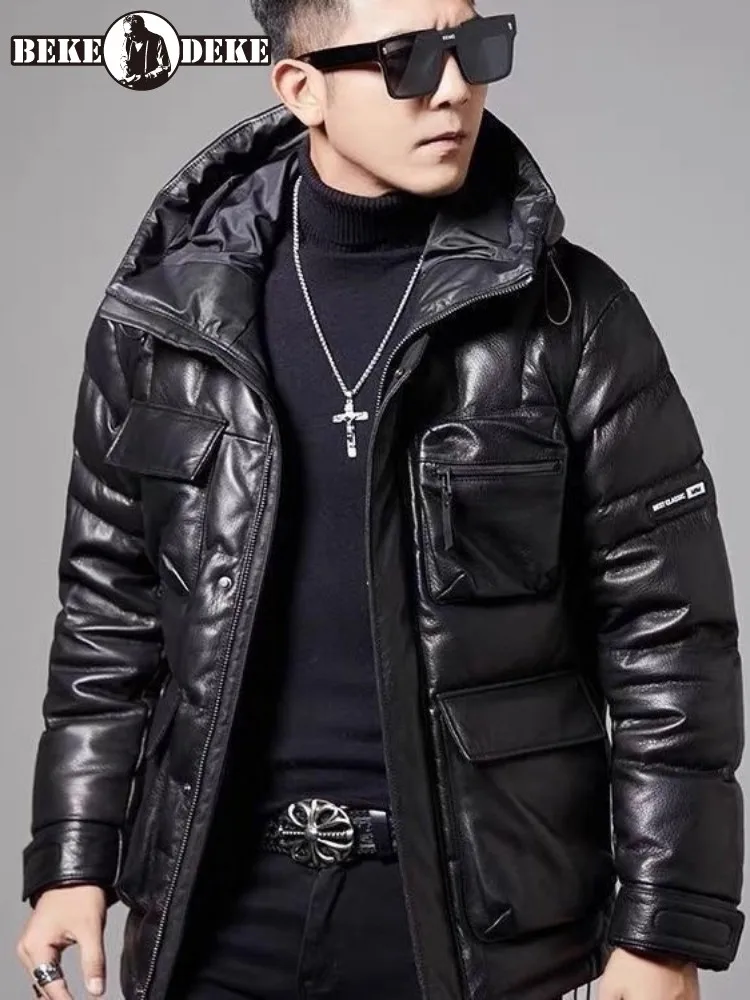 Thicken Warm Winter Mens Cowskin Genuine Leather Down Coat Zip Stand Collar Casual Outerwear Streetwear Windproof Hooded Jacket