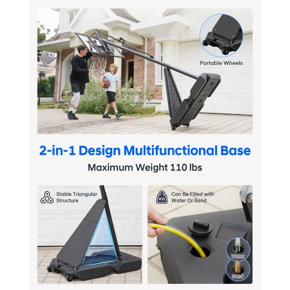 Adjustable Outdoor Basketball Hoop 4.8-10 Feet, 44 Shatterproof Backboard, Portable Basketball System with Rebound Plate