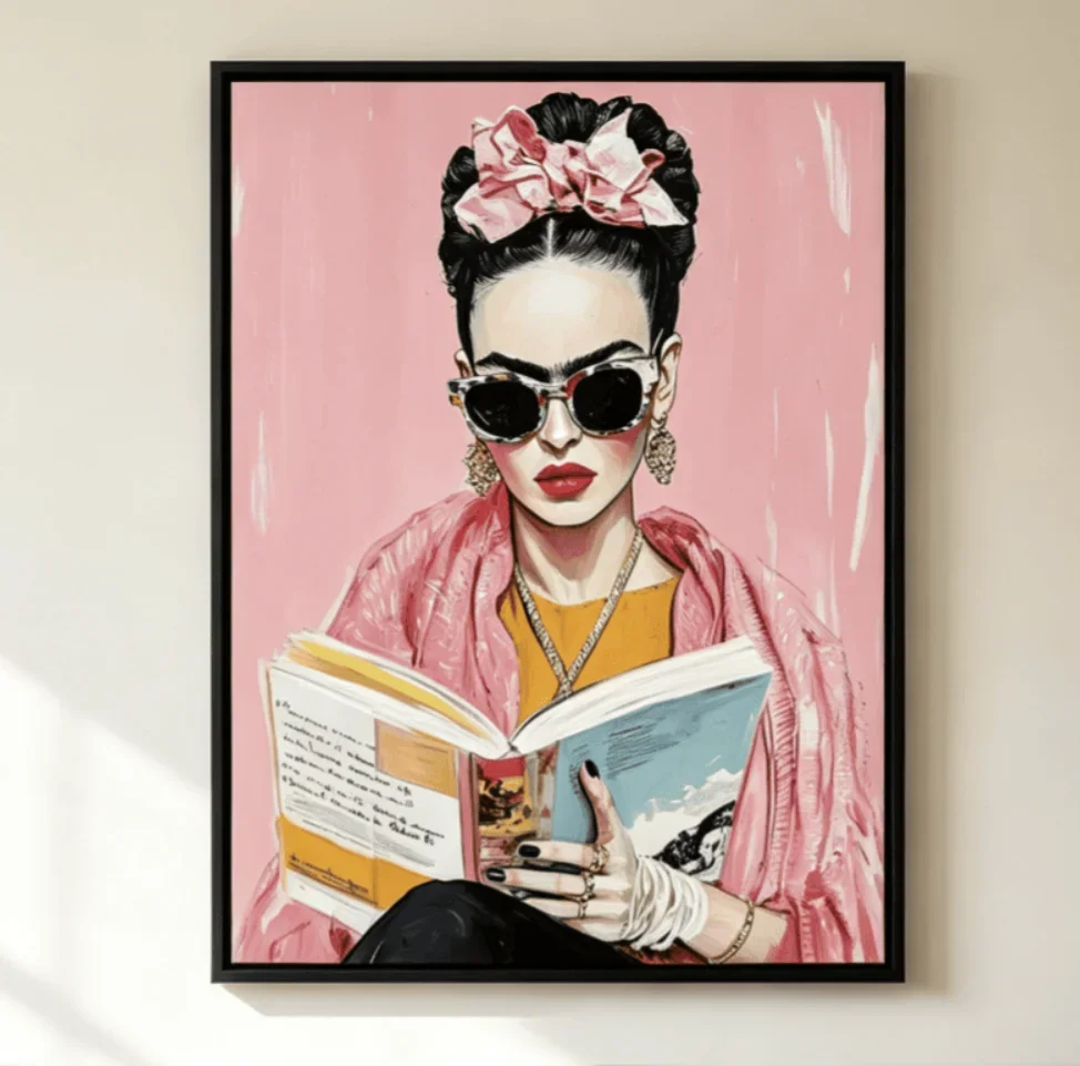 1pc frameless Canvas Painting Frida Kahlo Reading Wall Art Canvas Prints, Pink Pop Art Portrait Posters, Modern Feminist Decor f