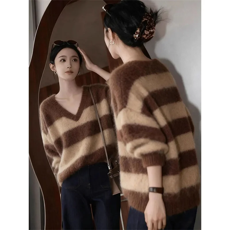 

Korean Versatile Lazy Style Coffee Striped V-Neck Knitted Sweater For Women's 2026 Autumn And Winter Warm Sweater Top Coffee
